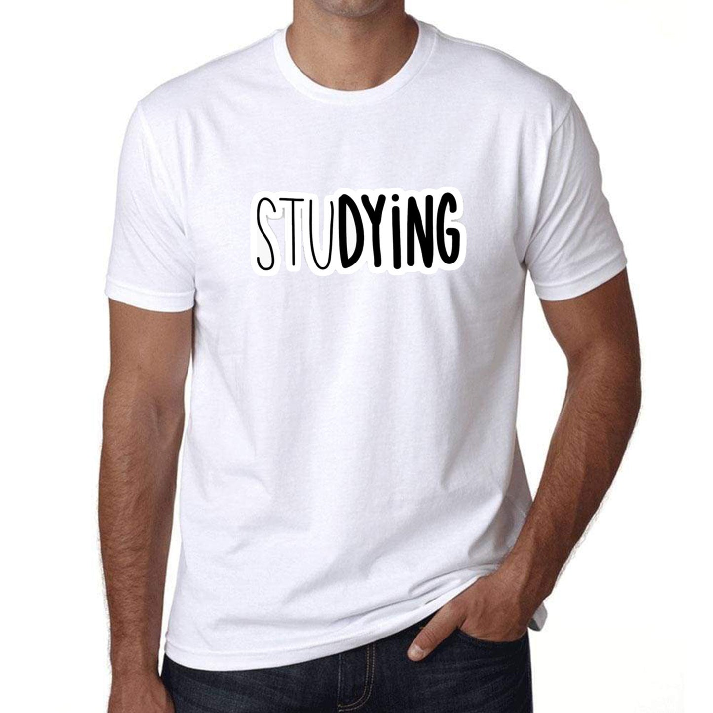 White Men's Tees | stuDYING | Round Neck | Half Sleeves - Hulk Threads